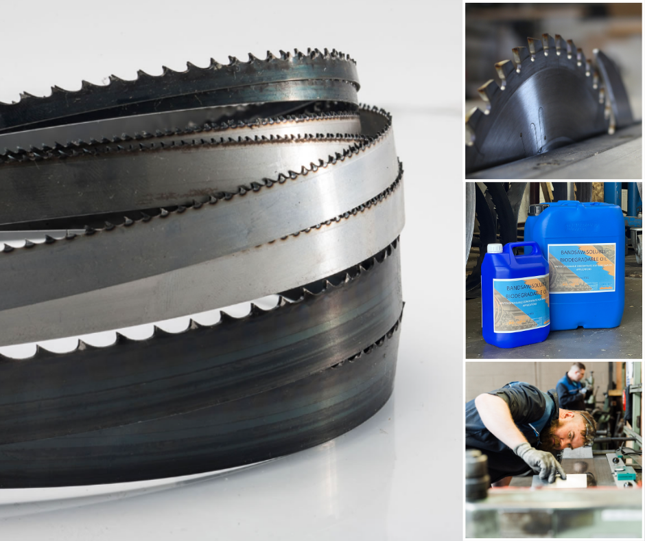 Contact bandsaw blades online uk montage: narrow bandsaw blades, bandsaw lubricant, circular saw and technician working in our workshop